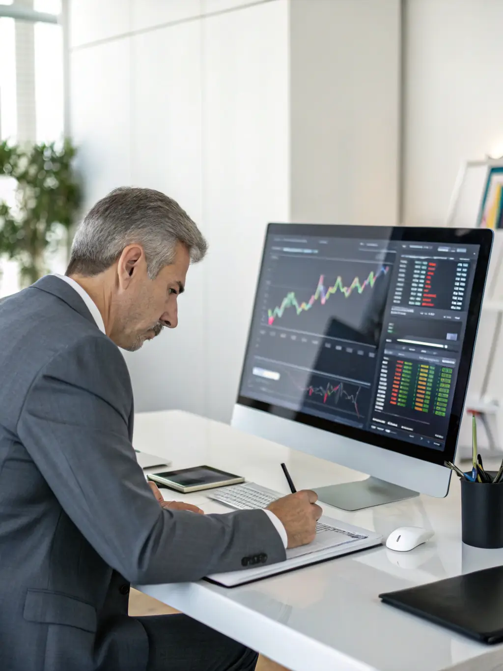 A professional investor analyzing gold price charts on a computer screen, with a focus on market trends and financial data.