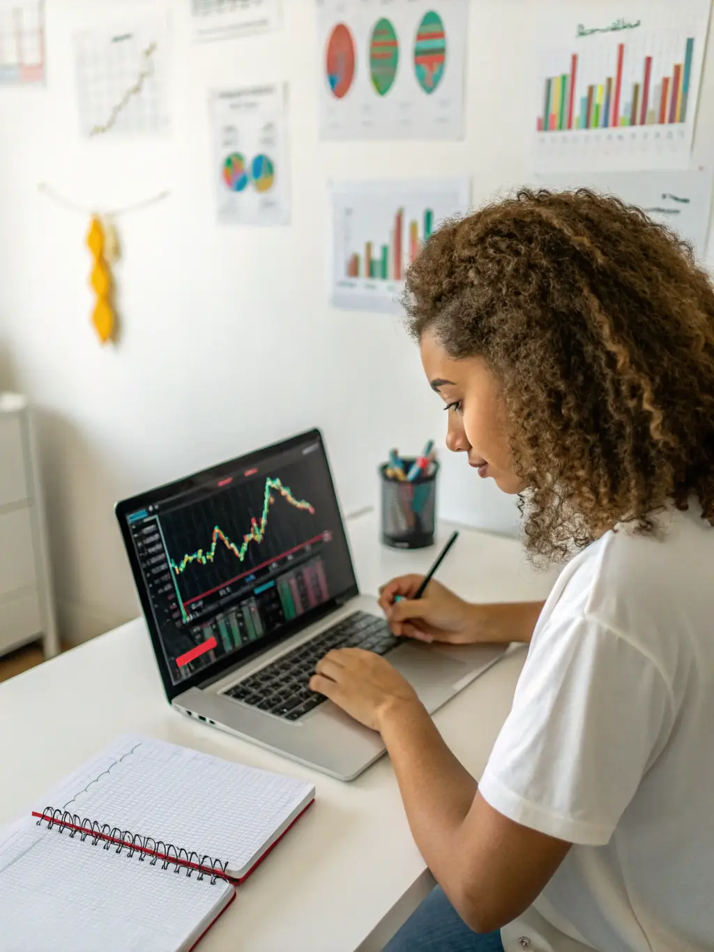 A person making notes while watching a financial news broadcast, emphasizing the importance of staying informed about market developments.